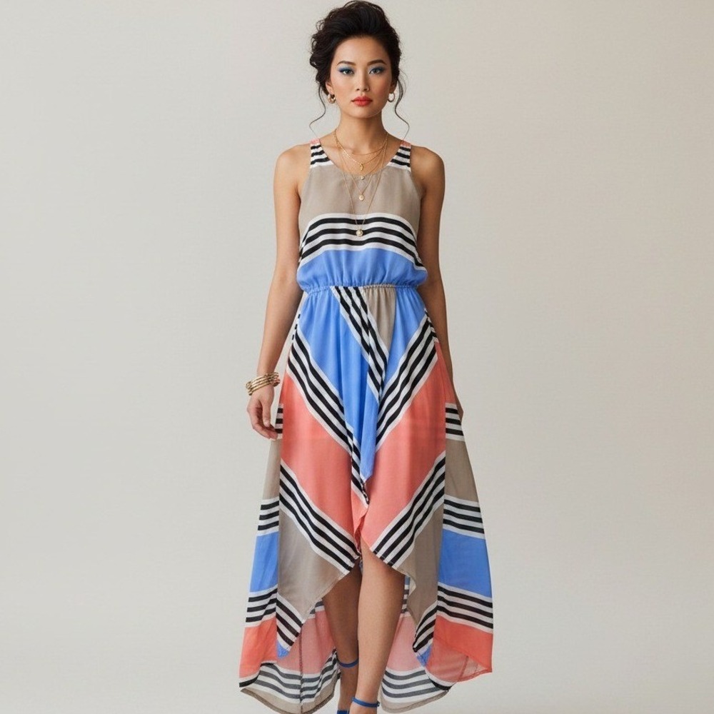 Addison Silk Maxi Dress Womens XS Multicolor Striped Colorblock High Low